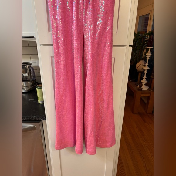 new Nadine Merabi Tiffany sequin flare jumpsuit in barbie pink - Picture 6 of 8